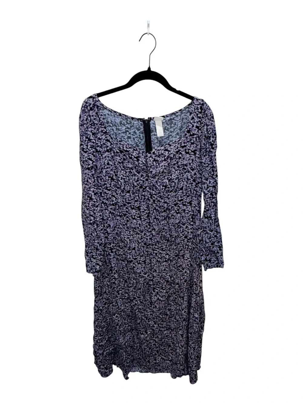 H&M Black Purple Floral Long Sleeve Midi Dress Side Slit Women’s Large